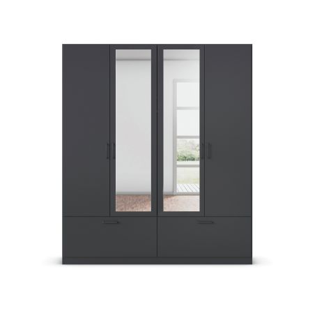 Armoire 181 cm BLISS avec 2 portes pleines, 2 portes miroirs et 2 tiroirs en décor gris metal mat