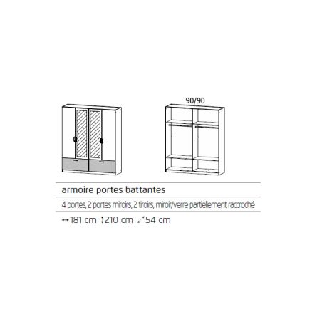Armoire 181 cm BLISS avec 2 portes pleines, 2 portes miroirs et 2 tiroirs en décor gris metal mat