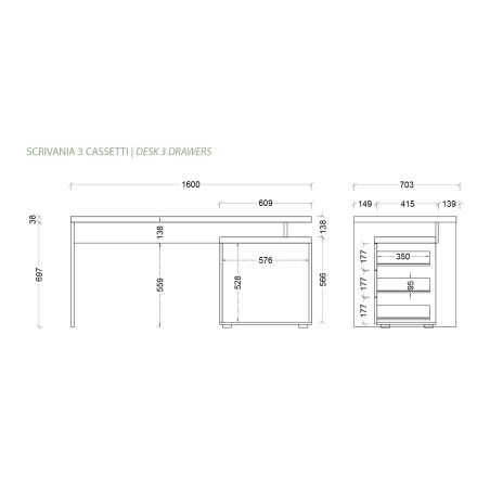 Bureau droit 160 cm AURELIA avec 3 tiroirs en blanc brillant et décor chêne cadiz