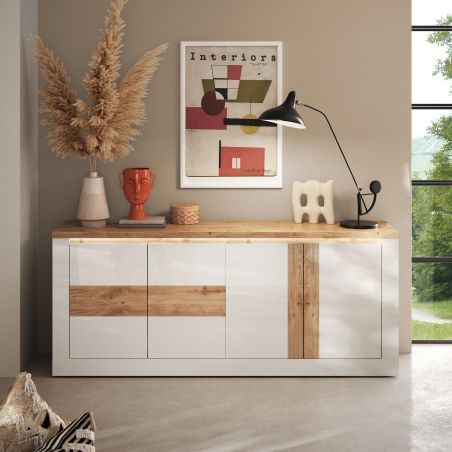 Buffet 4 portes 210 cm CRONOS BLANC CADIZ avec décor partiel cadiz en facade et LED inclus