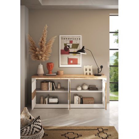 Buffet 4 portes 210 cm CRONOS BLANC CADIZ avec décor partiel cadiz en facade et LED inclus