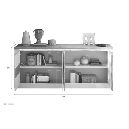 Buffet 4 portes 210 cm CRONOS BLANC CADIZ avec décor partiel cadiz en facade et LED inclus