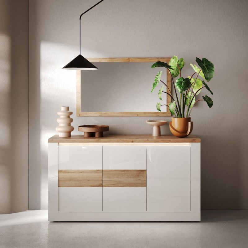 Buffet 3 portes 156 cm CRONOS BLANC CADIZ avec décor partiel cadiz en facade et LED inclus