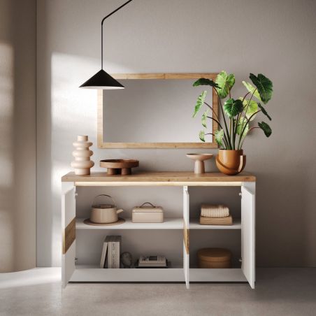 Buffet 3 portes 156 cm CRONOS BLANC CADIZ avec décor partiel cadiz en facade et LED inclus