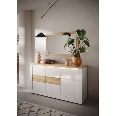 Buffet 3 portes 156 cm CRONOS BLANC CADIZ avec décor partiel cadiz en facade et LED inclus