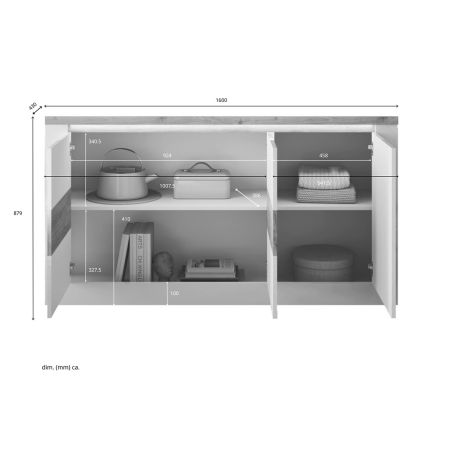 Buffet 3 portes 156 cm CRONOS BLANC CADIZ avec décor partiel cadiz en facade et LED inclus