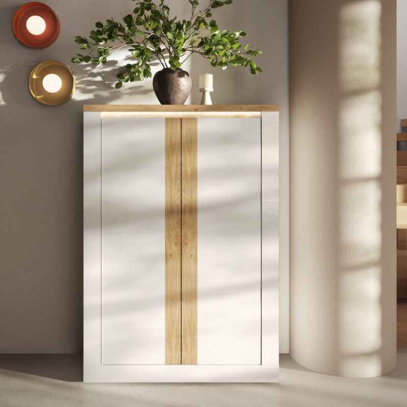 Buffet haut 2 portes CRONOS BLANC CADIZ avec décor partiel cadiz en facade et LED inclus