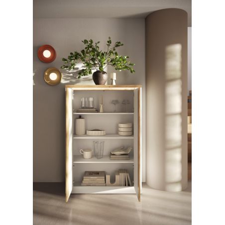 Buffet haut 2 portes CRONOS BLANC CADIZ avec décor partiel cadiz en facade et LED inclus