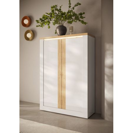 Buffet haut 2 portes CRONOS BLANC CADIZ avec décor partiel cadiz en facade et LED inclus