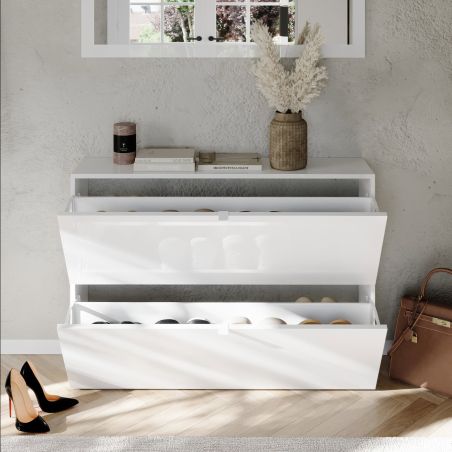 Armoire a chaussures 2 portes rabattantes JERRY en blanc brillant à poser ou à suspendre
