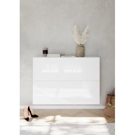 Armoire a chaussures 2 portes rabattantes JERRY en blanc brillant à poser ou à suspendre