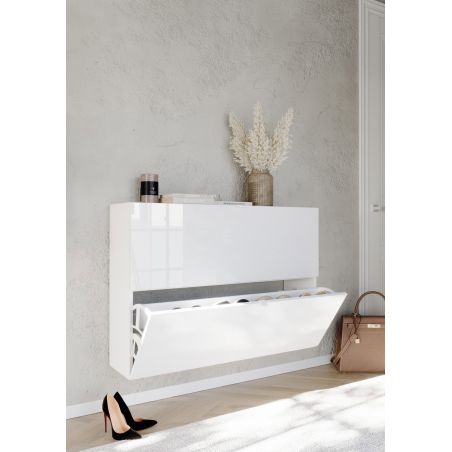 Armoire a chaussures 2 portes rabattantes JERRY en blanc brillant à poser ou à suspendre