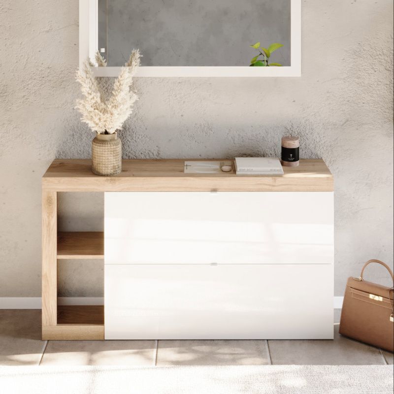 Meuble a chaussures 2 portes rabattantes BURGA 133 cm en blanc brillant et décor chêne cadiz
