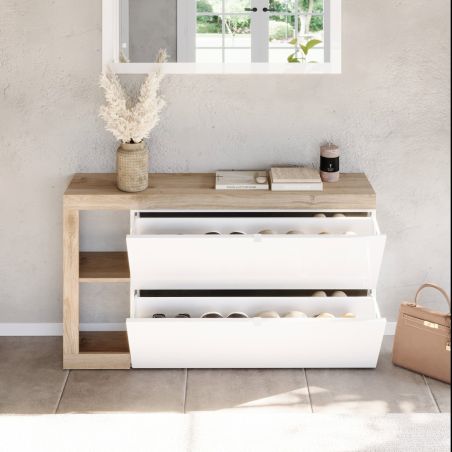 Meuble a chaussures 2 portes rabattantes BURGA 133 cm en blanc brillant et décor chêne cadiz