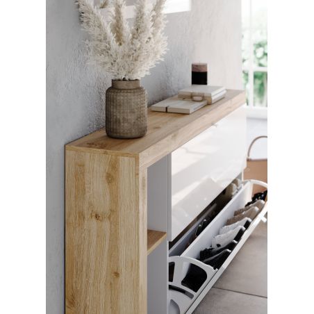 Meuble a chaussures 2 portes rabattantes BURGA 133 cm en blanc brillant et décor chêne cadiz