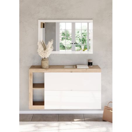 Meuble a chaussures 2 portes rabattantes BURGA 133 cm en blanc brillant et décor chêne cadiz