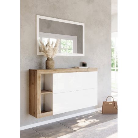 Meuble a chaussures 2 portes rabattantes BURGA 133 cm en blanc brillant et décor chêne cadiz