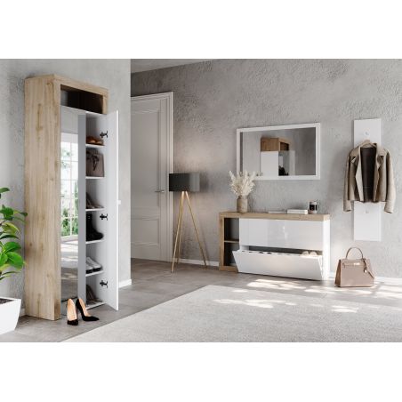 Meuble a chaussures 2 portes rabattantes BURGA 133 cm en blanc brillant et décor chêne cadiz