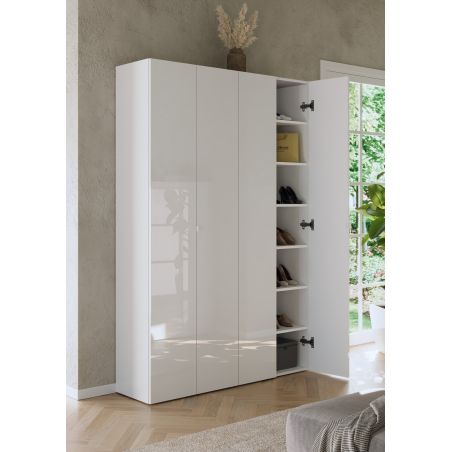 Armoire a chaussures 4 portes JERRY en blanc brillant hauteur 186 cm