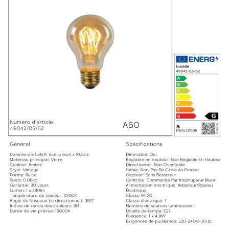 Ampoule filament LED A60 - culot E27 - Ø 6 cm - 1x4,9W 2200K - Ambre - de la marque LUCIDE