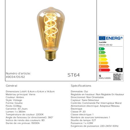 Ampoule filament LED ST64 - culot E27 - Ø 6,4 cm - 1x4,9W 2200K - Ambre - de la marque LUCIDE