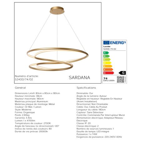 Suspension SARDANA - Ø 80 cm - Or Mat / Laiton - de la marque LUCIDE | Premium