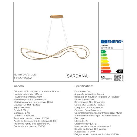 Suspension SARDANA - 160 cm - Or Mat / Laiton - de la marque LUCIDE | Premium