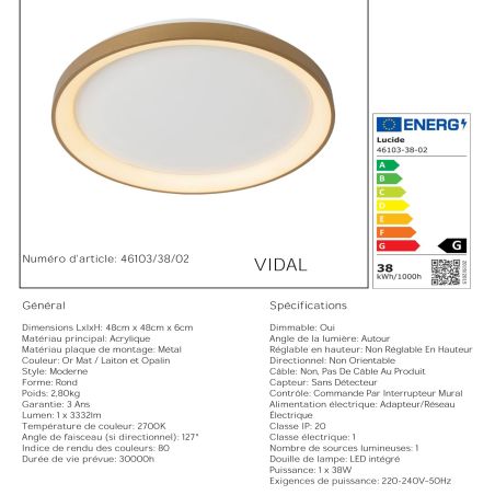 Plafonnier - diamètre 48 cm - LED Dim. - 1x38W 2700K - Or Mat et Laiton - de la marque LUCIDE - Premium