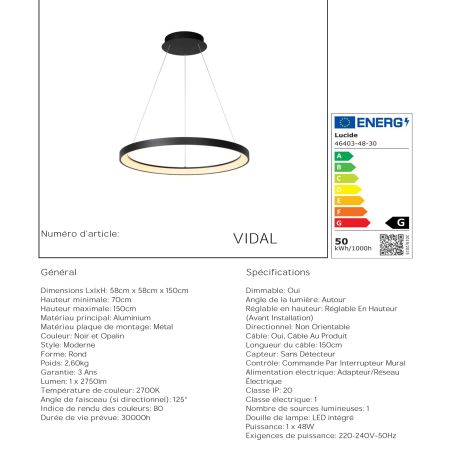 Suspension VIDAL - diamètre 58 cm - LED Dim. - 1x48W 2700K - Noir - de la marque LUCIDE
