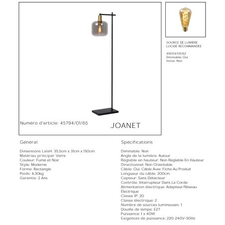Lampadaire JOANET- 1xE27 - Fumé - de la marque LUCIDE