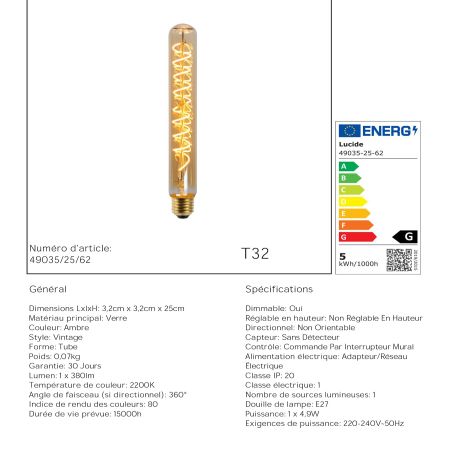 Ampoule filament LED T32 - culot E27 - diamètre 3,2 cm - E27 - 1x4,9W 2200K - Ambre - de la marque LUCIDE