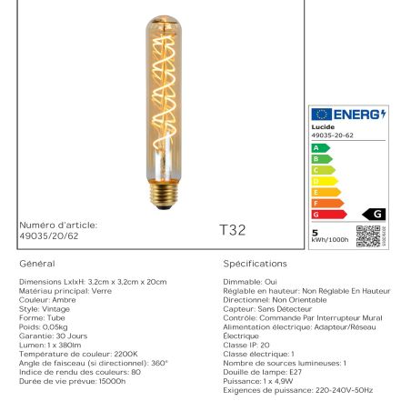 Ampoule filament LED T32 - culot E27 - diamètre 3,2 cm hauteur 20 cm - E27 - 1x4,9W 2200K - Ambre - de la marque LUCIDE