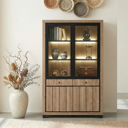 Vitrine 2 portes GREGORY en décor chêne estival avec éclairage LED inclus