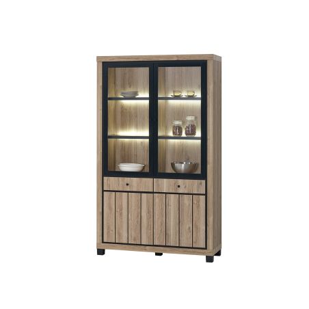 Vitrine 2 portes GREGORY en décor chêne estival avec éclairage LED inclus