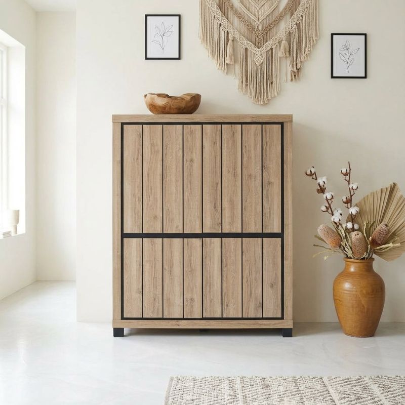 Buffet haut 4 portes GREGORY en décor chêne estival avec accents gris foncé