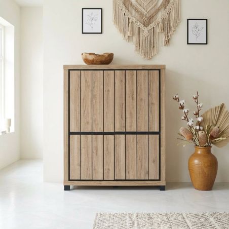 Buffet haut 4 portes GREGORY en décor chêne estival avec accents gris foncé