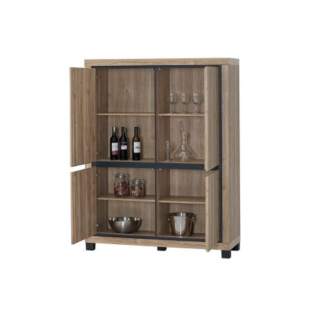 Buffet haut 4 portes GREGORY en décor chêne estival avec accents gris foncé