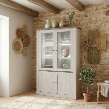 Vitrine 126 cm CALINE en décor bicolore chêne blanc et chêne d'automne