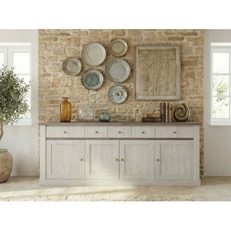 Buffet 220 cm CALINE en décor bicolore chêne blanc et chêne d'automne