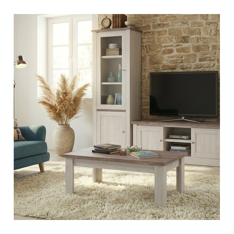Table basse 120 cm CALINEen décor bicolore chêne blanc et chêne d'automne