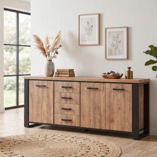 Buffet 3 portes et 4 tiroirs SORELLA en décor chêne industriel combiné à du noir mat