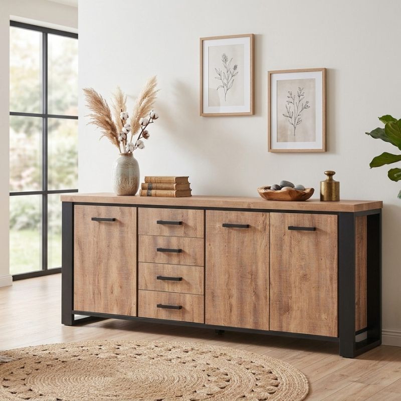 Buffet 3 portes et 4 tiroirs SORELLA en décor chêne industriel combiné à du noir mat