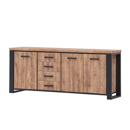 Buffet 3 portes et 4 tiroirs SORELLA en décor chêne industriel combiné à du noir mat