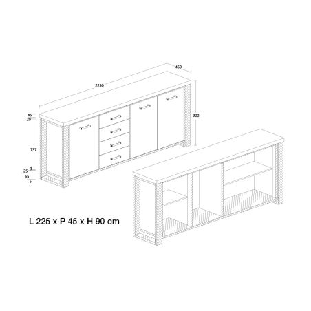 Buffet 3 portes et 4 tiroirs SORELLA en décor chêne industriel combiné à du noir mat