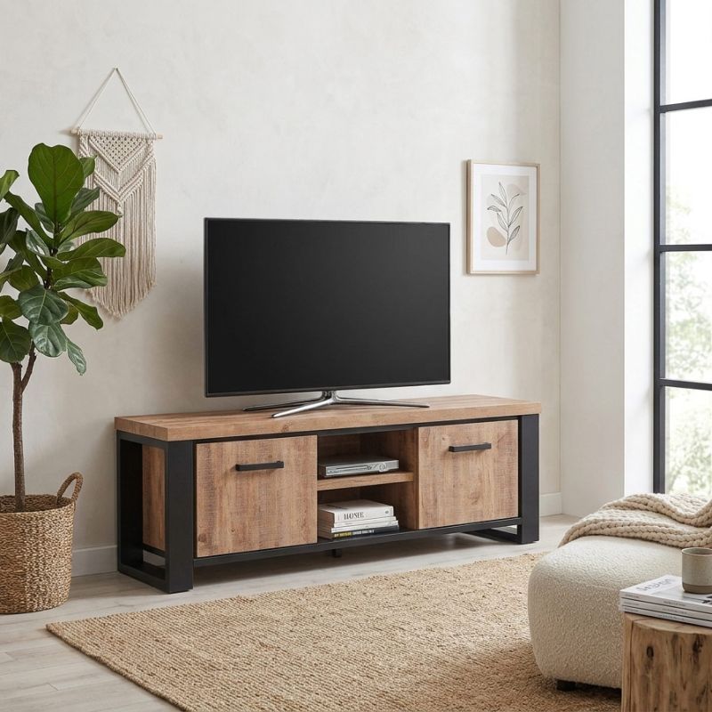 Meuble TV 2 portes SORELLA en décor chêne industriel combiné à du noir mat