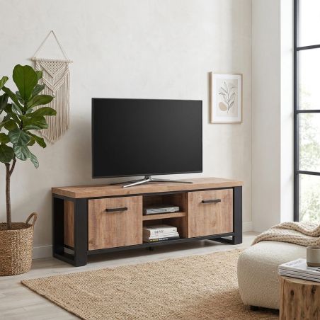Meuble TV 2 portes SORELLA en décor chêne industriel combiné à du noir mat
