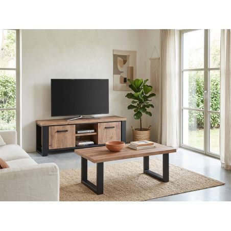 Meuble TV 2 portes SORELLA en décor chêne industriel combiné à du noir mat