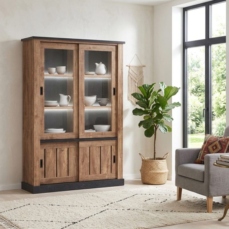 Vitrine ELIOTT de style industriel avec 4 portes coulissantes et éclairage led