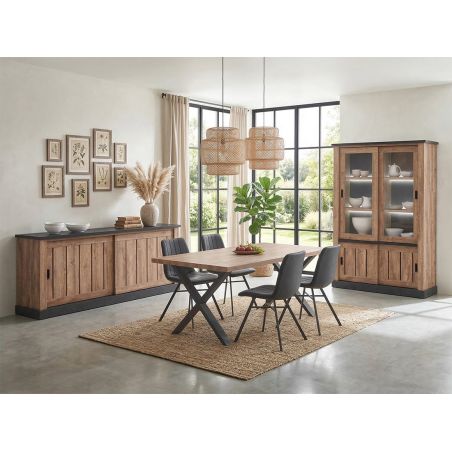 Vitrine ELIOTT de style industriel avec 4 portes coulissantes et éclairage led