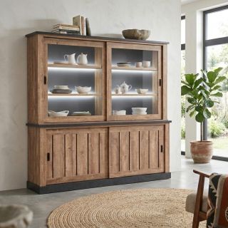 Vaisselier ELIOTT de style industriel avec 4 portes coulissantes et éclairage led